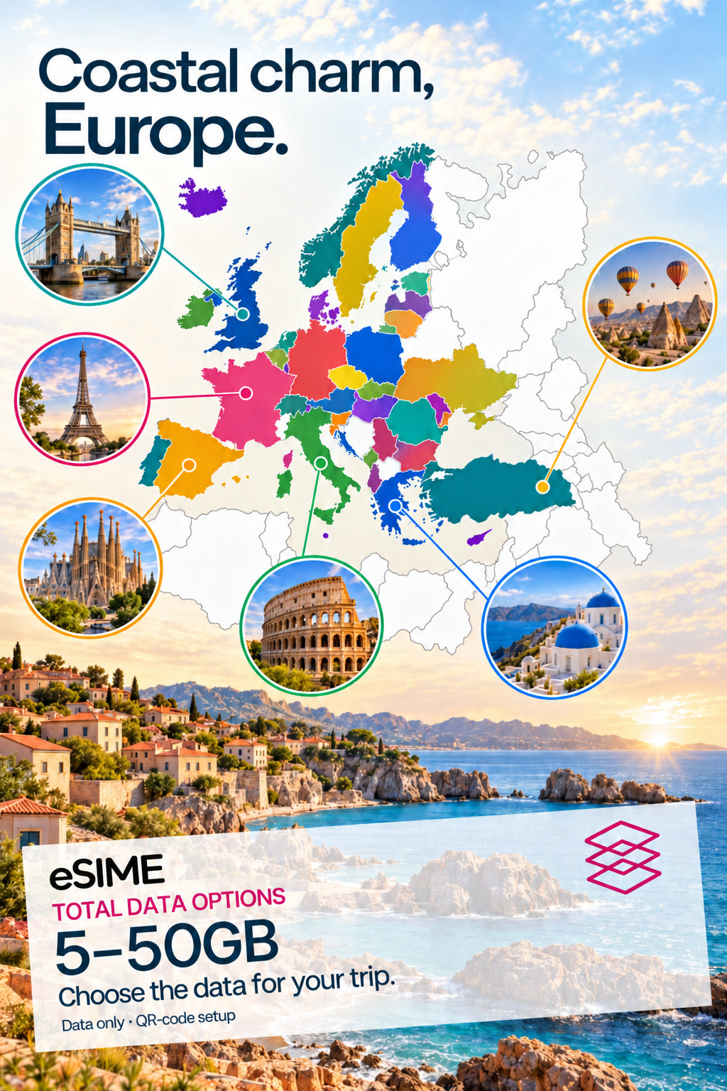 5-50GB Data eSIM Europe 39 Countries: EU 27 + Swiss, UK, Turkey & Balkans